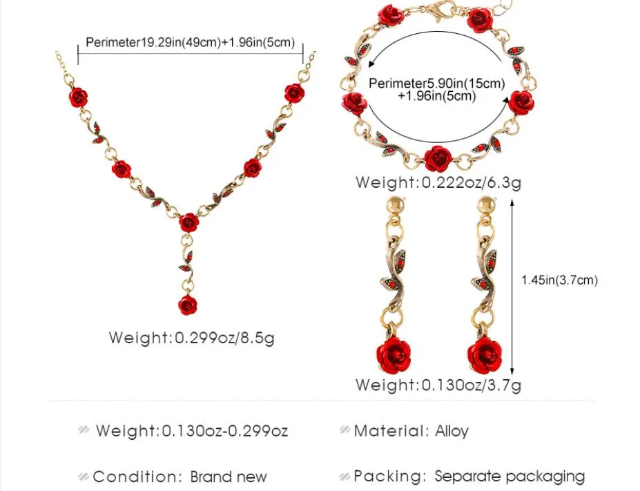 retro french red rose flower bracelet earrings pendant necklace set for female women ladies girls personality earring popular