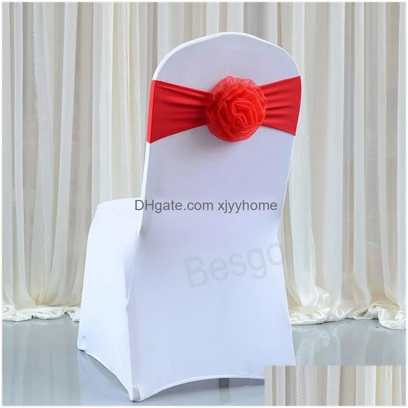 wedding chair cover sashes band with flower weddings elasticity chairs covers hotel banquet birthday party seat back decoration bh5987