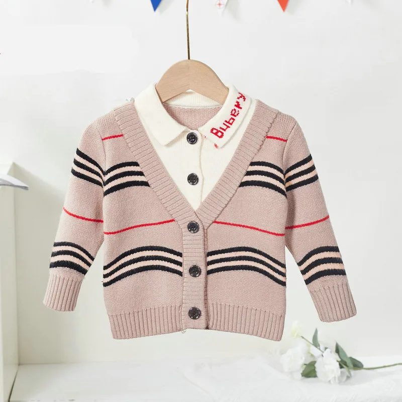 Children Knitted Cardigan Sweater Winter Autumn Long Sleeve Warm Casual Stripe Fake two-piece Splice Kids Clothes For 1-6Y