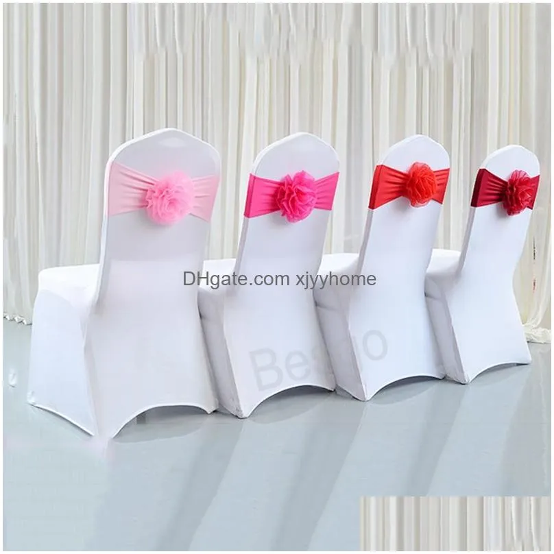 wedding chair cover sashes band with flower weddings elasticity chairs covers hotel banquet birthday party seat back decoration bh5987