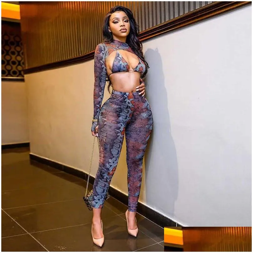 casual ins style europe and america 2023 new fashion snake print hanging neck bra high neck long sleeve tshirt lifting hip pants set