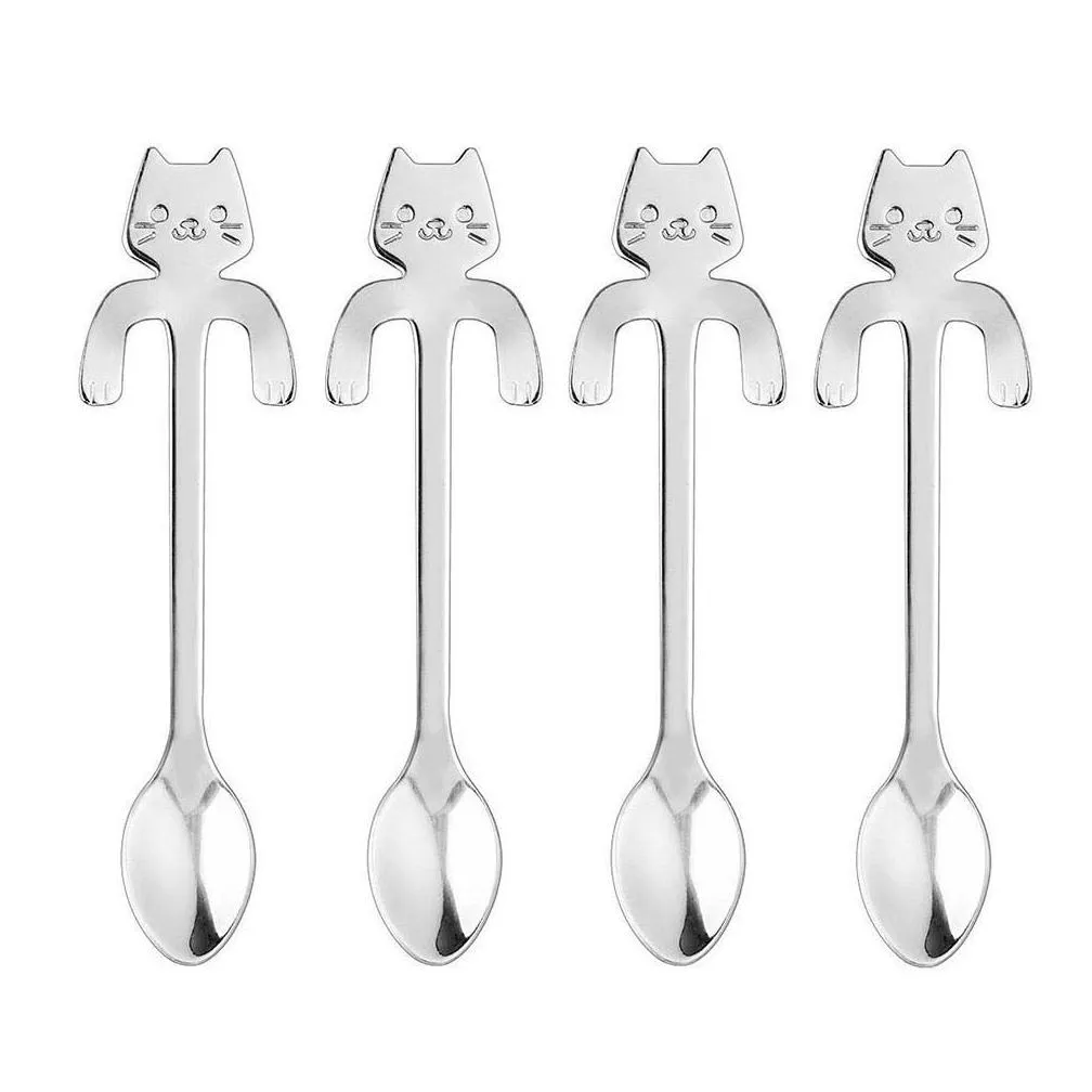 4pcs stainless steel mini cat kitten spoons for coffee tea dessert drink mixing milkshake spoon tableware set kitchen supplies