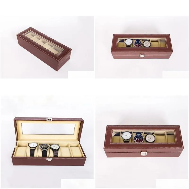 6 grid brown watch box watches display storage boxes bracelet slots case holder jewelry container gift high carbon fiber