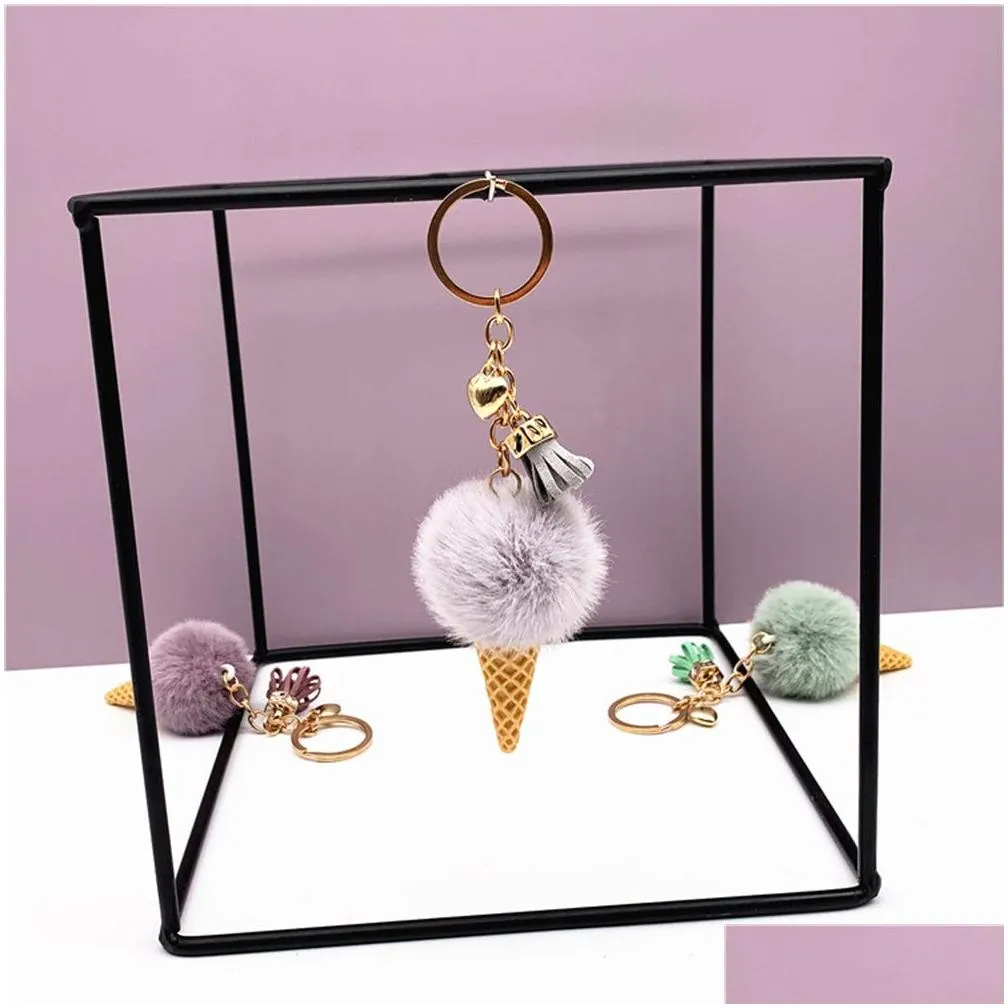 ice cream pendant keychain cute cartoon keychain plush bags hang cone car key chain ring creative gift key accessories