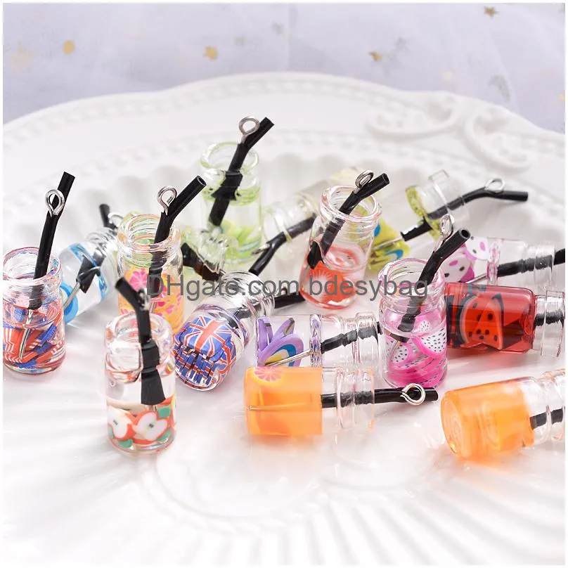 fruit orange watermelon lemon juice pendant mini glass resin bottle pendants for earrings necklace jewelry making