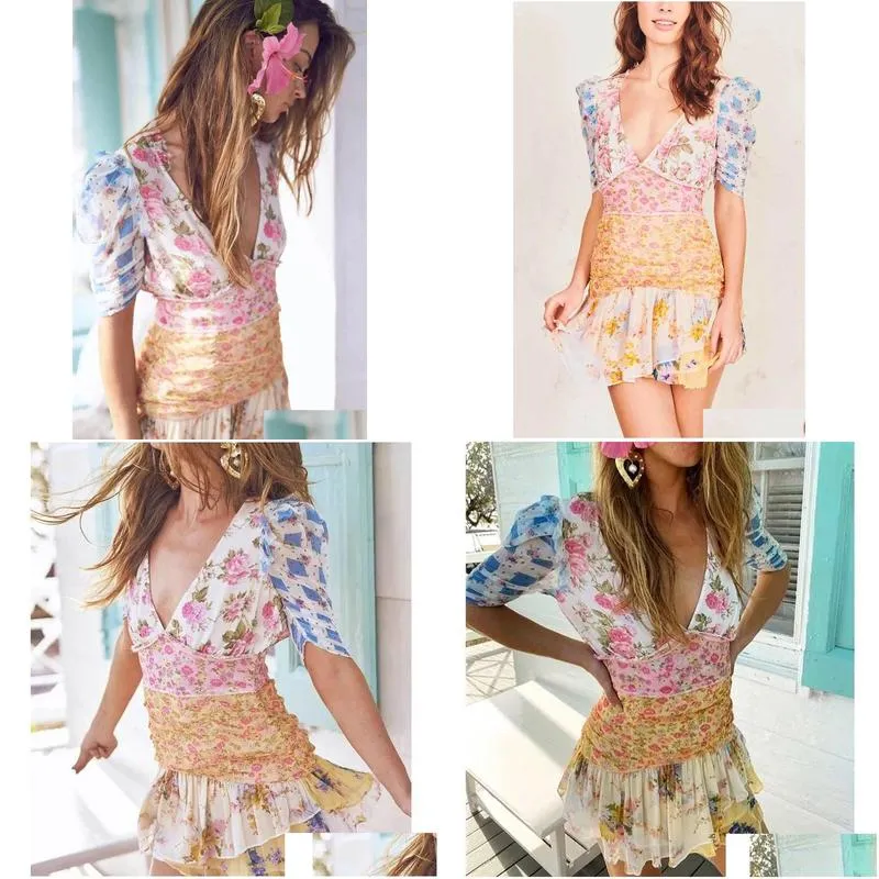 boho inspired floral short sleeve dress women ruffled mini summer cute ladies bow tied front y for 220524