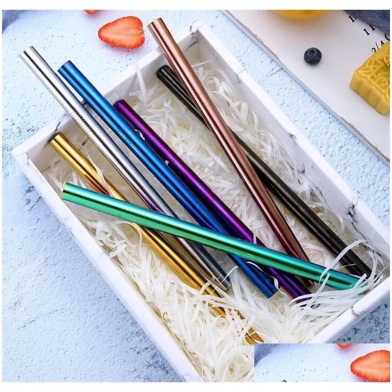 12x215mm 304 stainless steel straw 7 colors straight milk tea straw reusable colorful drinking straw bar drinking tool