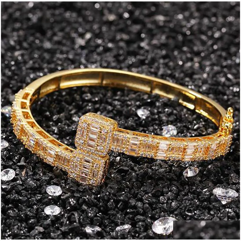 14k gold men ladies cubic zirconia diamond baguette square bangle bracelet opening size hiphop jewelry