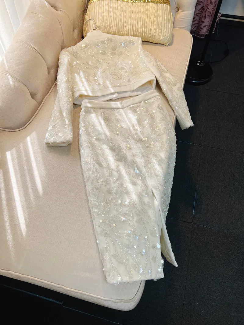 2023 Autumn Ivory Beaded Elegant Dress Sets Long Sleeve Round Neck Woolen Coat Sequins Split Mid-calf Skirt Set Two Piece Suits J3l1213911171