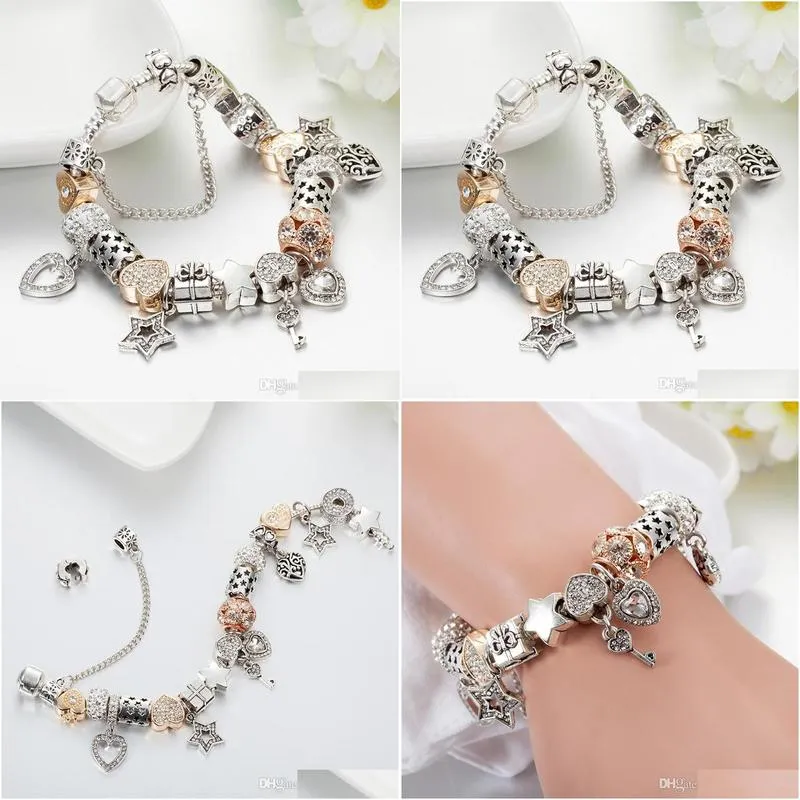 designer jewelry 925 silver bracelet charm bead fit  plated heartshaped and key slide bracelets beads european style charms beaded