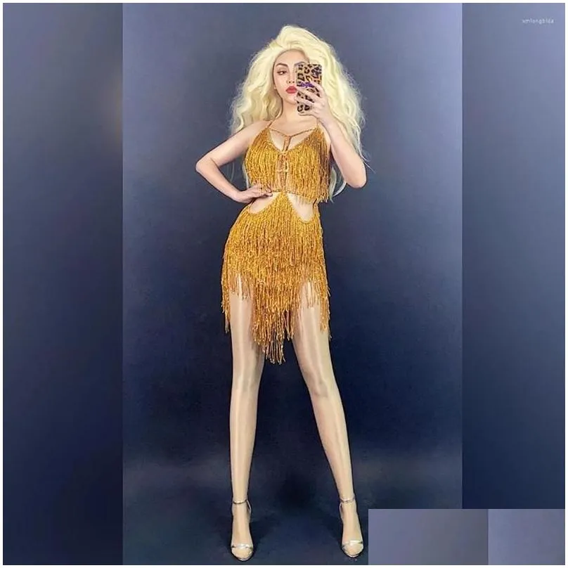 stage wear gold fringes dance costume party outfit tassel bodysuit evening birthday show gogo performance dress