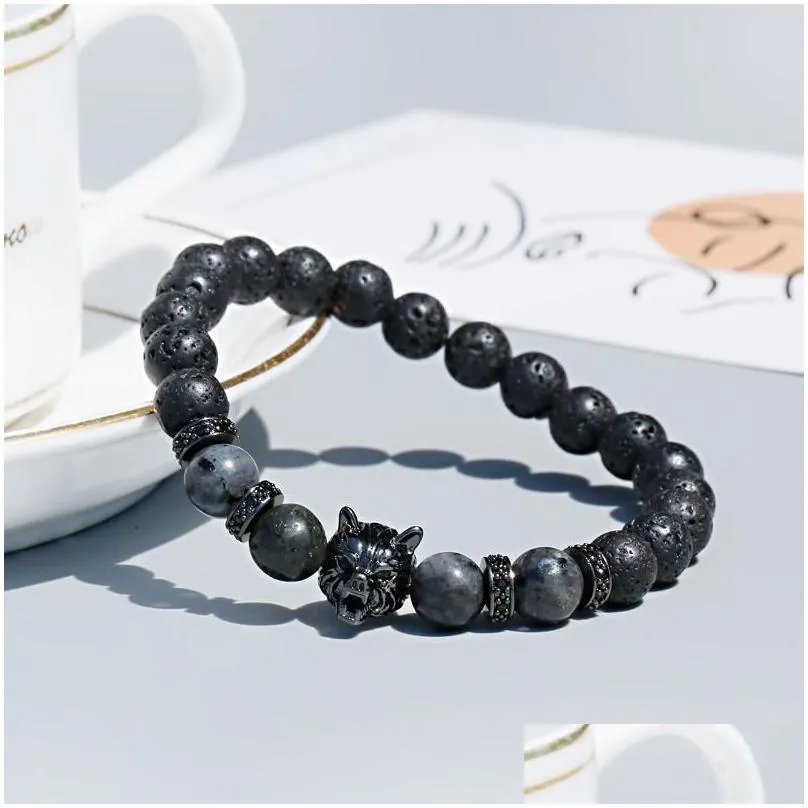 strand gothic wolf leopard charm bracelet for men natural lava volcano stone blue black beads bracelets handmade 8mm beaded jewelry