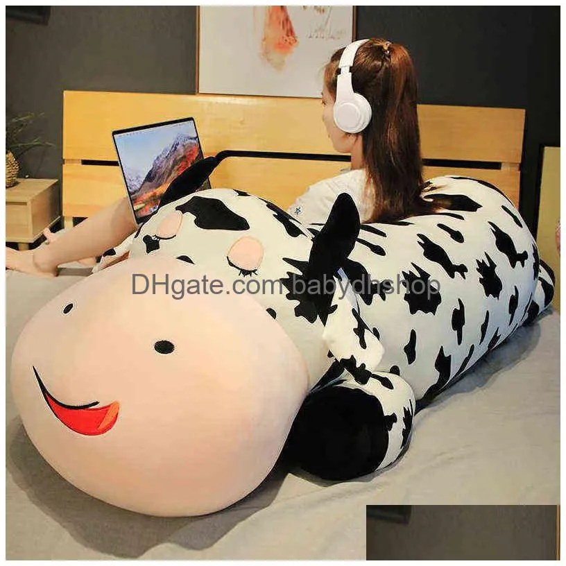 80120cm  lying cow plush pillow soft stuffed animal cattle plush toys for children kawaii baby doll girls birthday gift aa220314