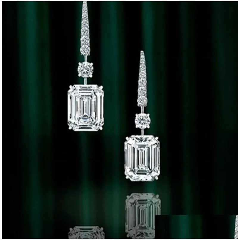 classical luxury jewelry dangle earrings 18k white gold fill emerald cut moissanite diamond zircon party long women wedding brand drop earring for lover