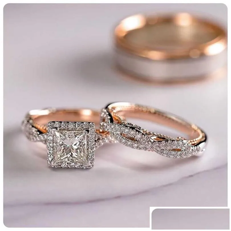 wedding rings huitan luxury princess cut cubic zircon bridal marriage 3pc/set elegant accessories brilliant women trendy jewelry