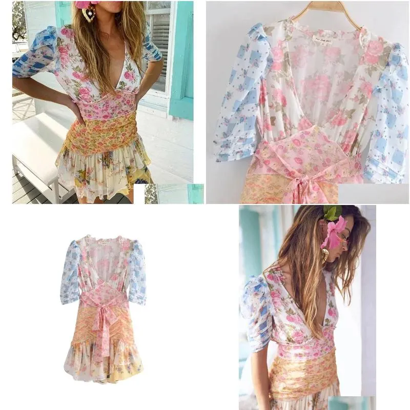 boho inspired floral short sleeve dress women ruffled mini summer cute ladies bow tied front y for 220524