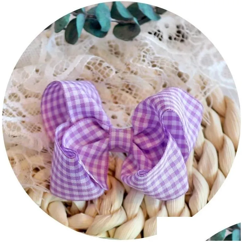 2022 new 30pcs/ 3.1inch gingham ribbon hair bow clips or elastic rubber plaid bows for baby girl accessories