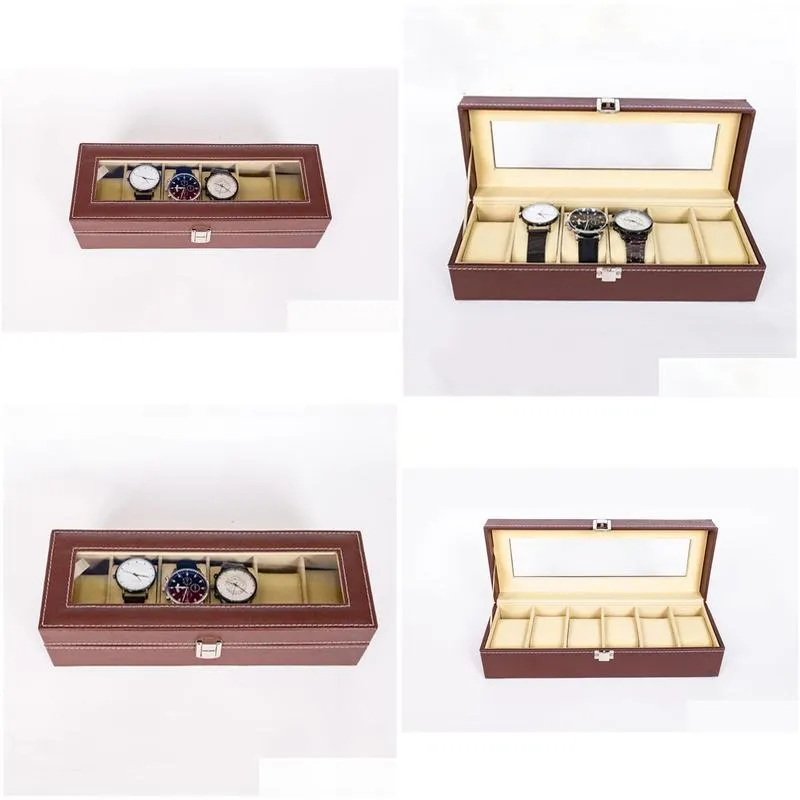 6 grid brown watch box watches display storage boxes bracelet slots case holder jewelry container gift high carbon fiber