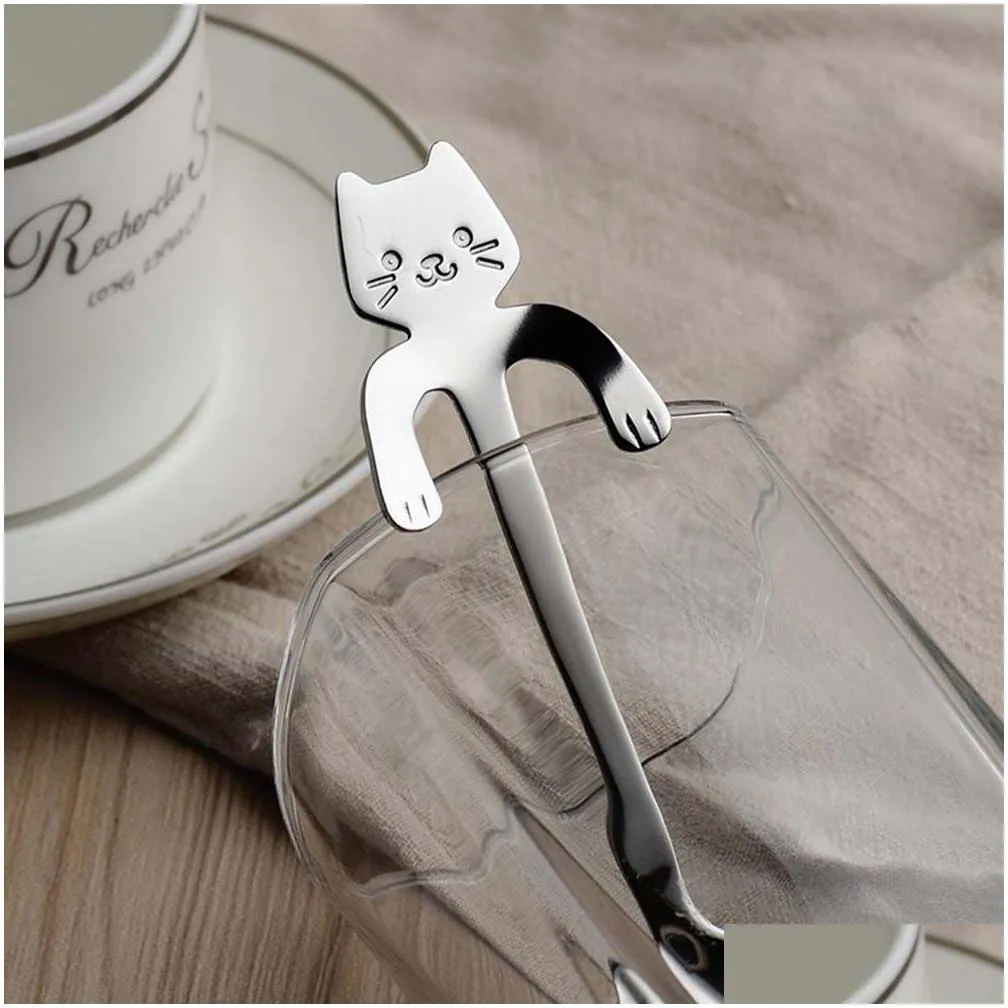 4pcs stainless steel mini cat kitten spoons for coffee tea dessert drink mixing milkshake spoon tableware set kitchen supplies