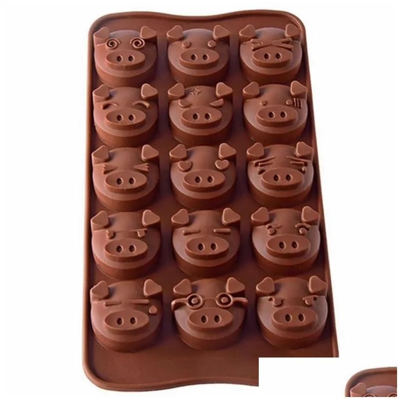 15 grids cute pig head cake candy chocolate silicone moulds tools 3d fondant diy handmade kitchen baking cookie mold accessories