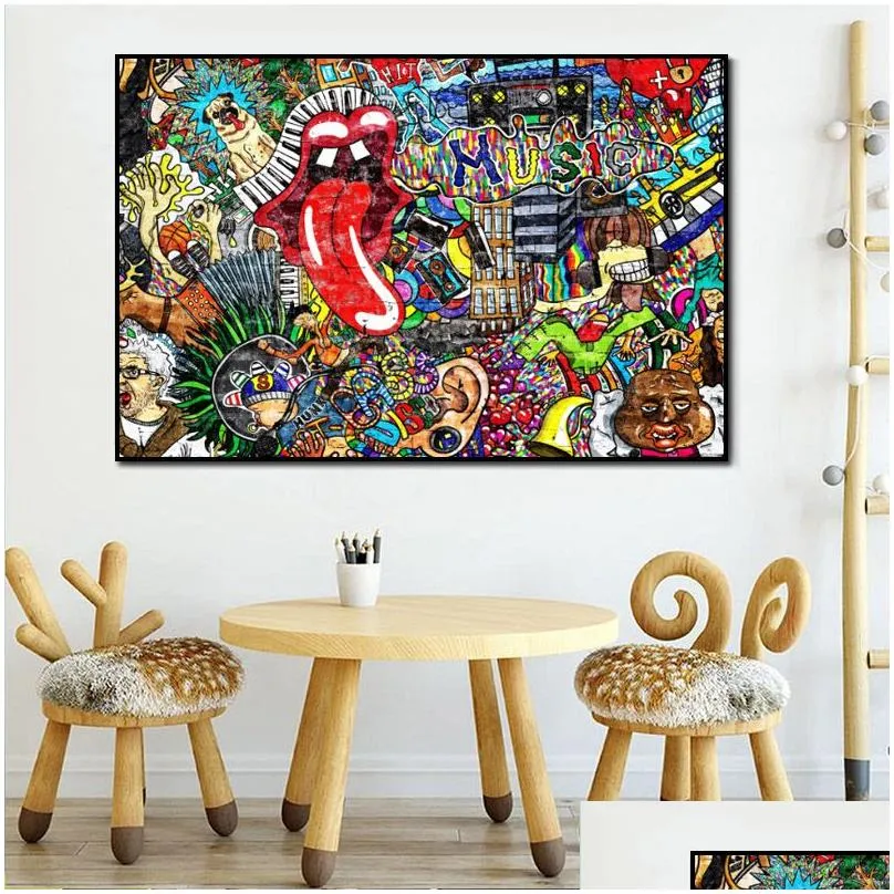 graffiti street art music collage abstract figure picture canvas painting wall art poster prints for living room decor no frame