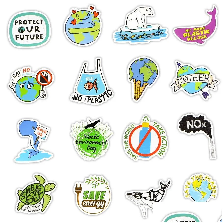 50 pcs protect the earth creative cartoon stickers toy game aesthetic gift world environmental day anime waterproof stickers for