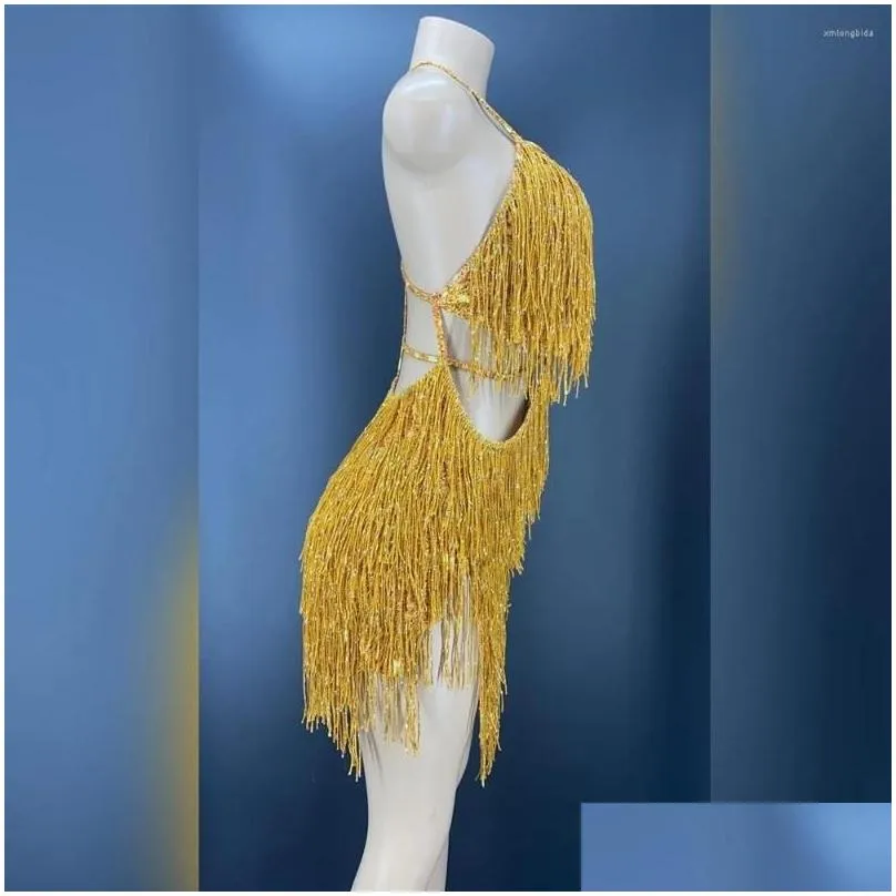 stage wear gold fringes dance costume party outfit tassel bodysuit evening birthday show gogo performance dress
