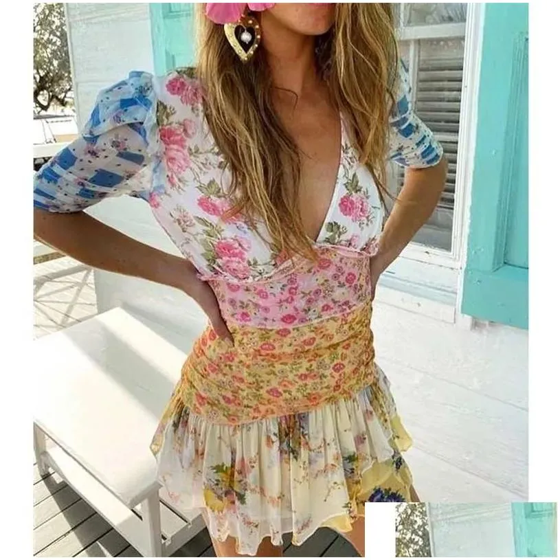 boho inspired floral short sleeve dress women ruffled mini summer cute ladies bow tied front y for 220524