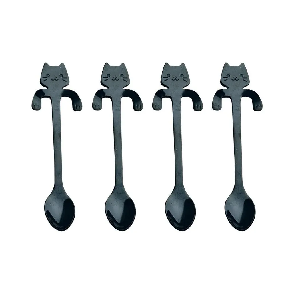 4pcs stainless steel mini cat kitten spoons for coffee tea dessert drink mixing milkshake spoon tableware set kitchen supplies