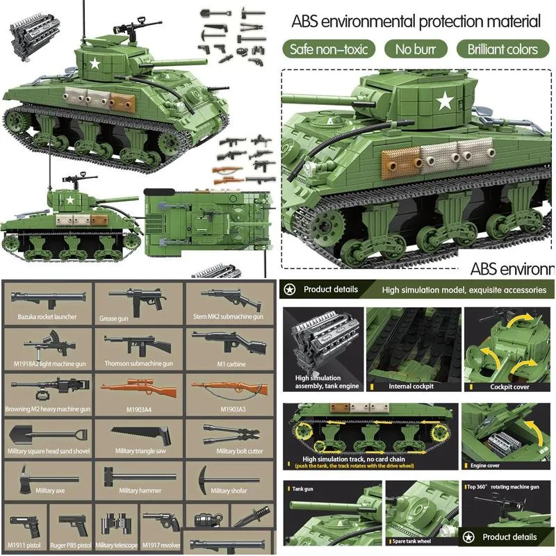 726pcs military us sherman m4a1 tank building blocks ww2 city children soldier weapon bricks kids diy toys gifts 220715