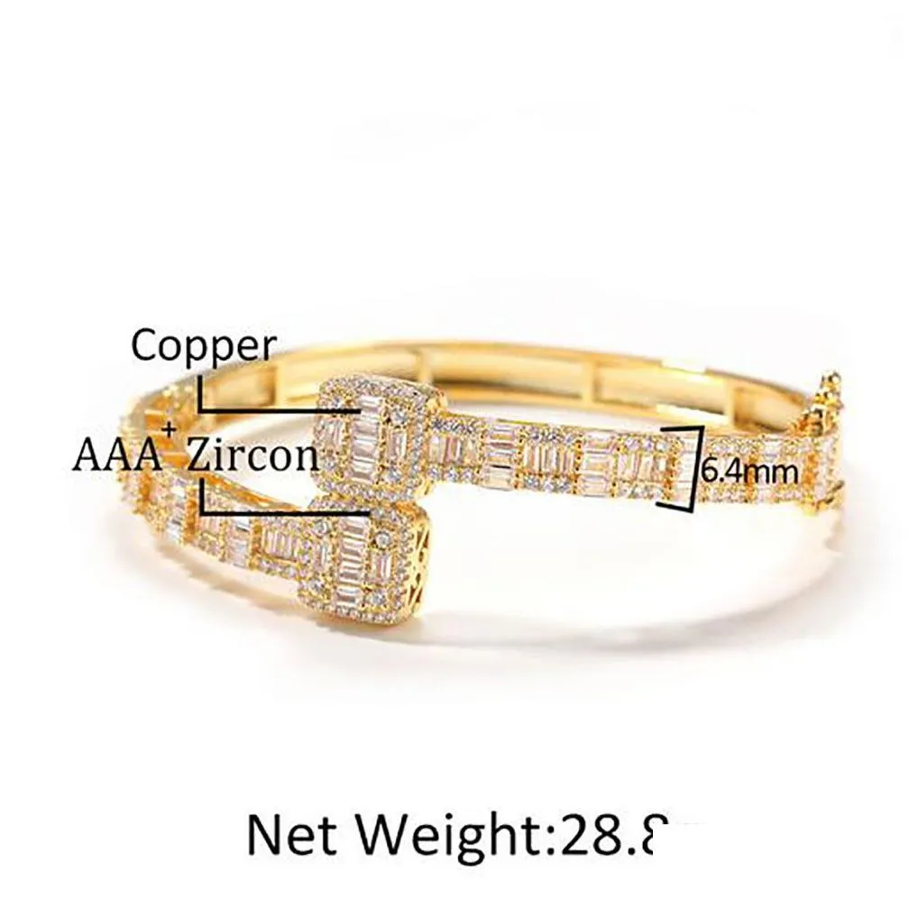14k gold men ladies cubic zirconia diamond baguette square bangle bracelet opening size hiphop jewelry