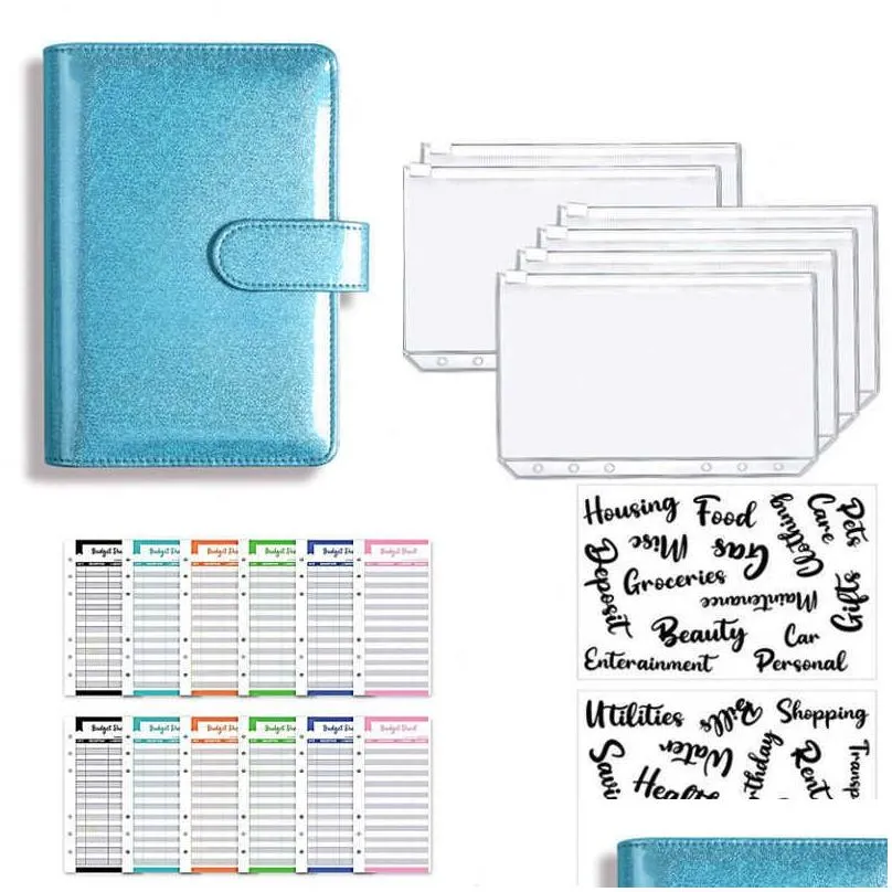 a6 glitter pu leather binder budget envelope planner organizer system with clear zipper pockets expense budget sheets