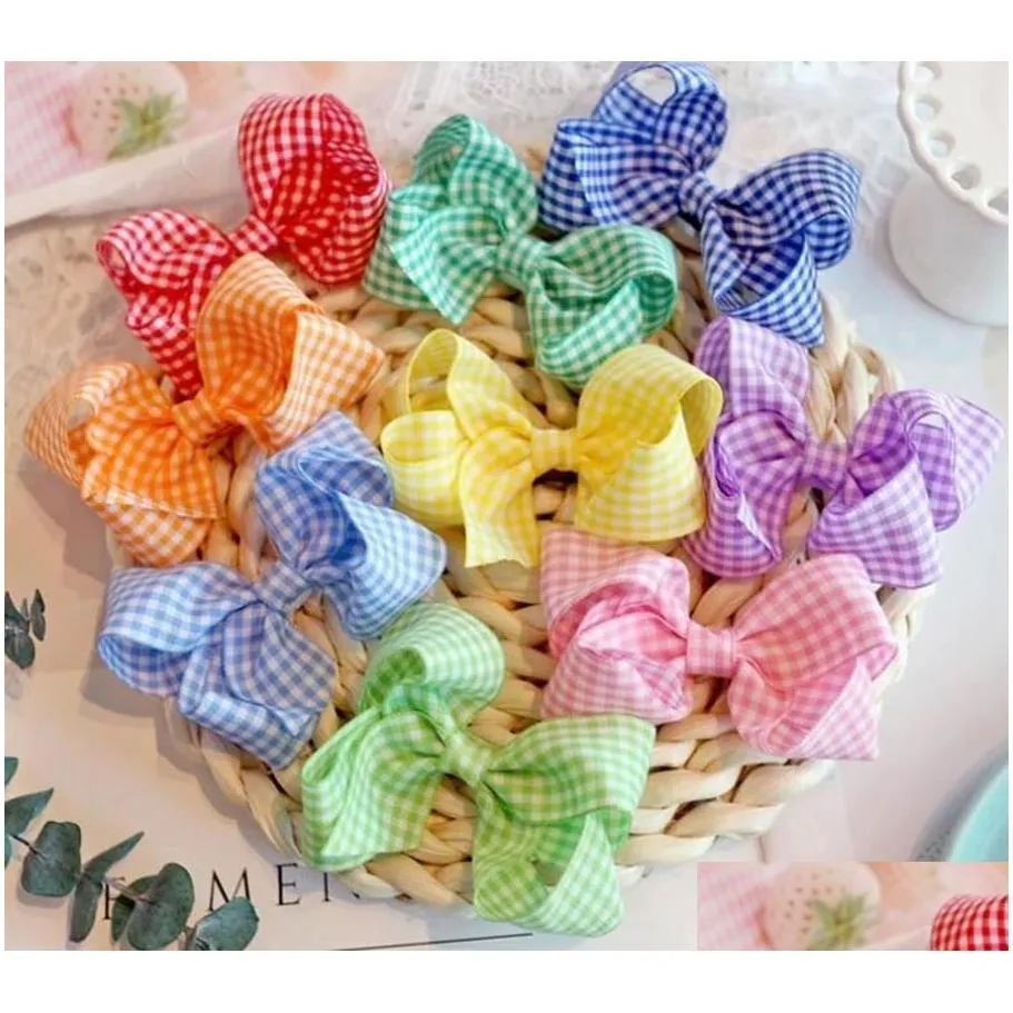 2022 new 30pcs/ 3.1inch gingham ribbon hair bow clips or elastic rubber plaid bows for baby girl accessories