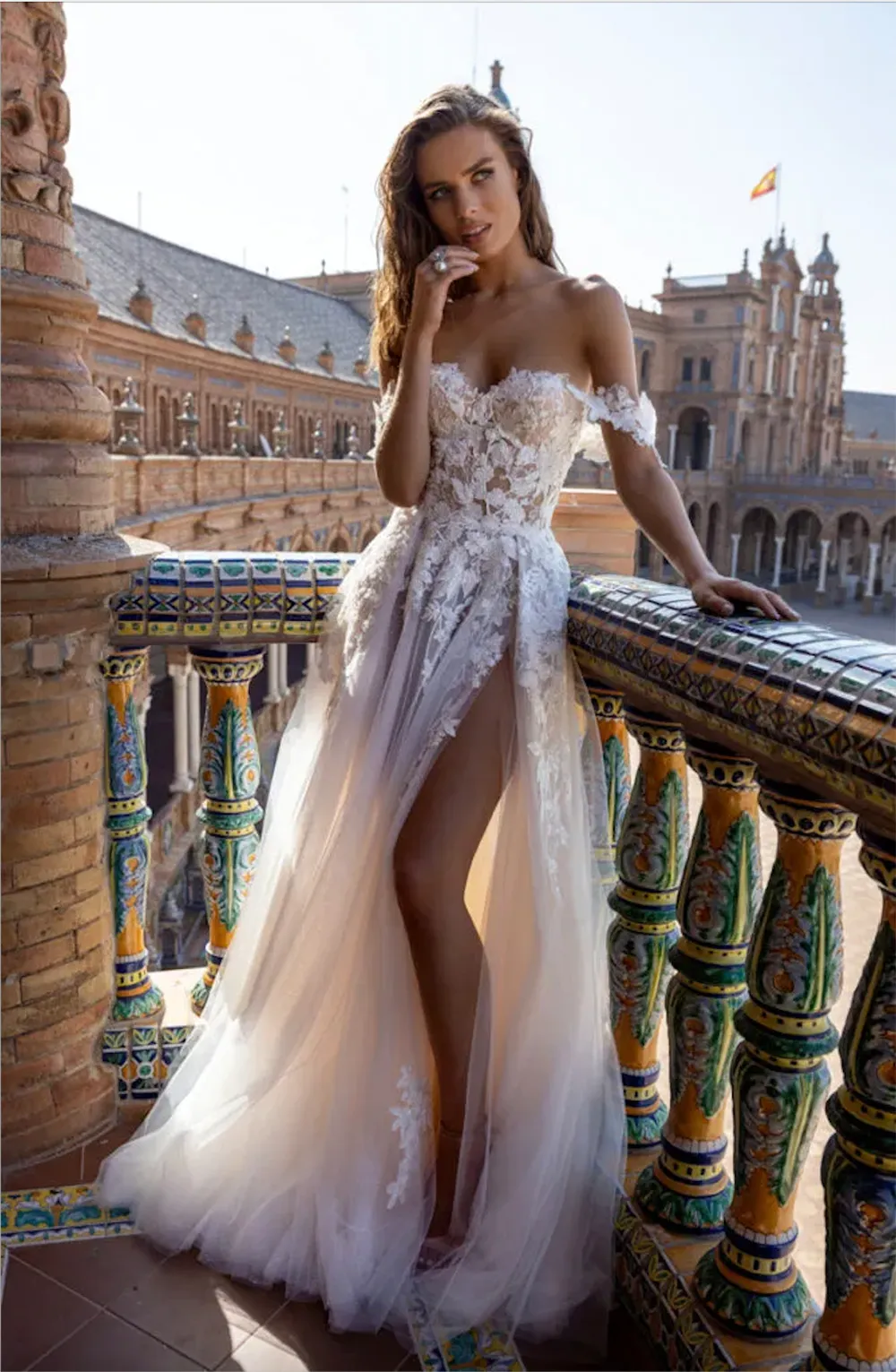 2023 Off-Shoulder Applique High Side Split A-Line Lace Wedding Dress with Open Back Sweep Train
