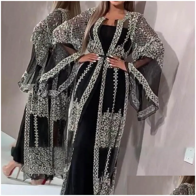 abaya dubai muslim dress luxury high class sequins embroidery lace ramadan kaftan islam kimono women black maxi dresses