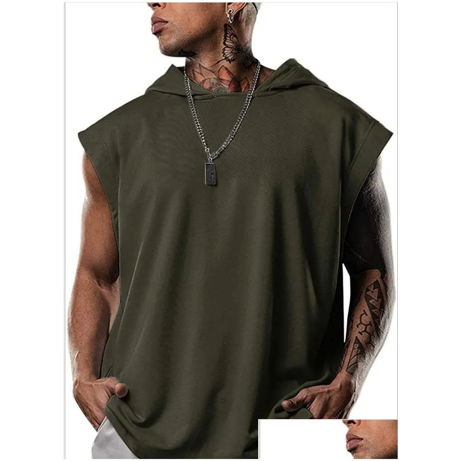 mens casual pullover sports t shirts hedging hoodie leisure sleeveless tshirts hooded waistcoat loose tees gym fitness tops
