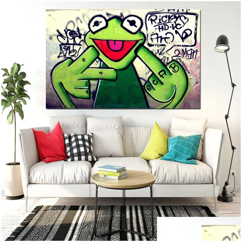 canvas painting street graffiti art frog kermit finger poster print animal oil painting wall pictures for living room unframed