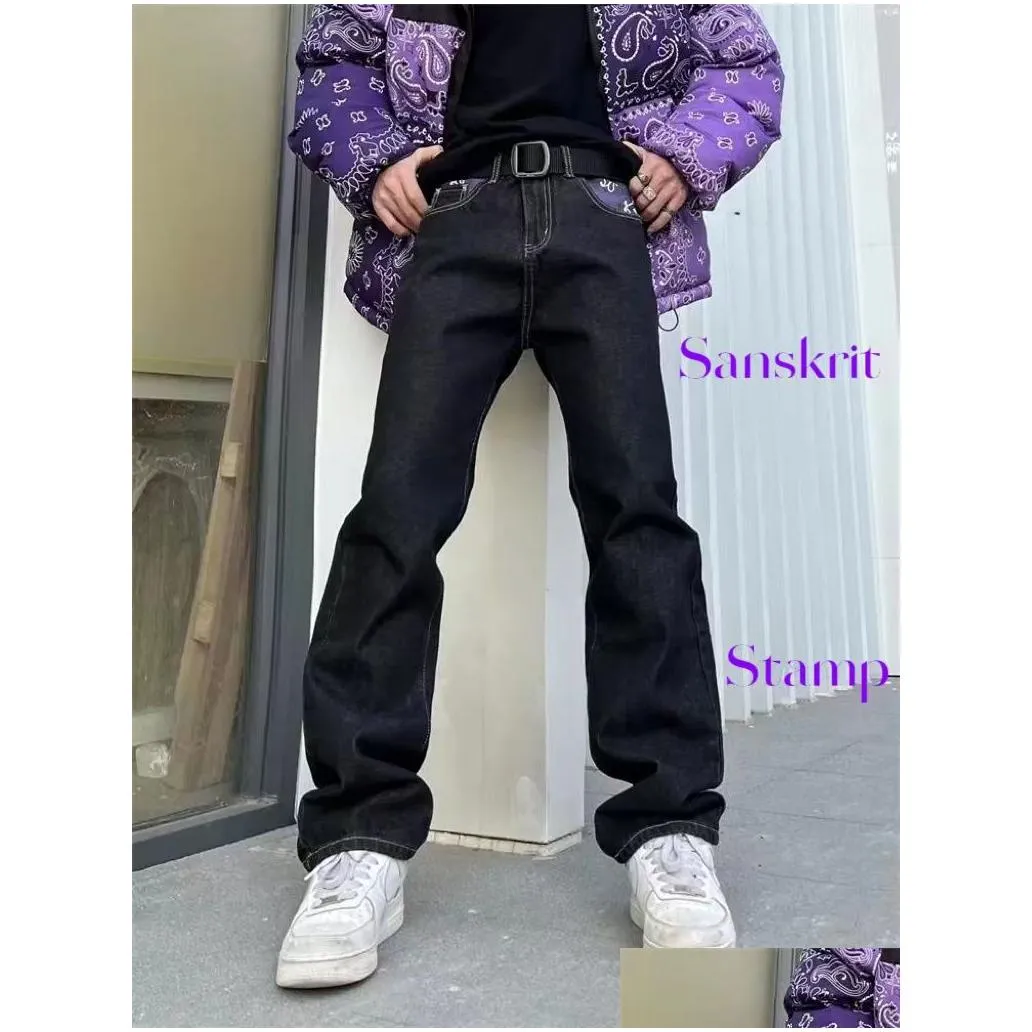 mens jeans mens y2kstyle jeans with waist floral decoration oversized casual streetwear pants punk hiphop letter print loose harajuku straightleg