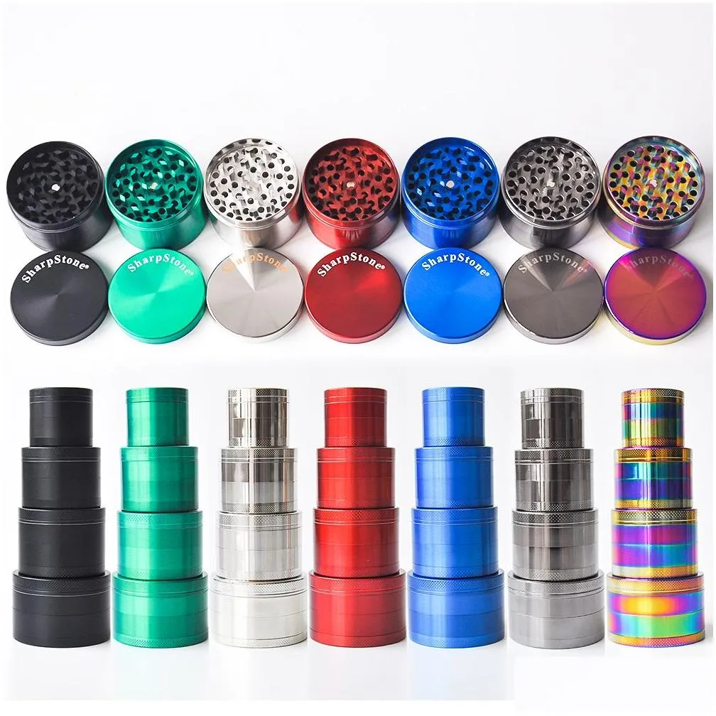 sharpstone tobacco grinders smoke accessroy 40mm 50mm 55mm 63mm 4 partsherb grinder cnc teeth filter net dry herb vaporizer pen 7 colors fedex/ups