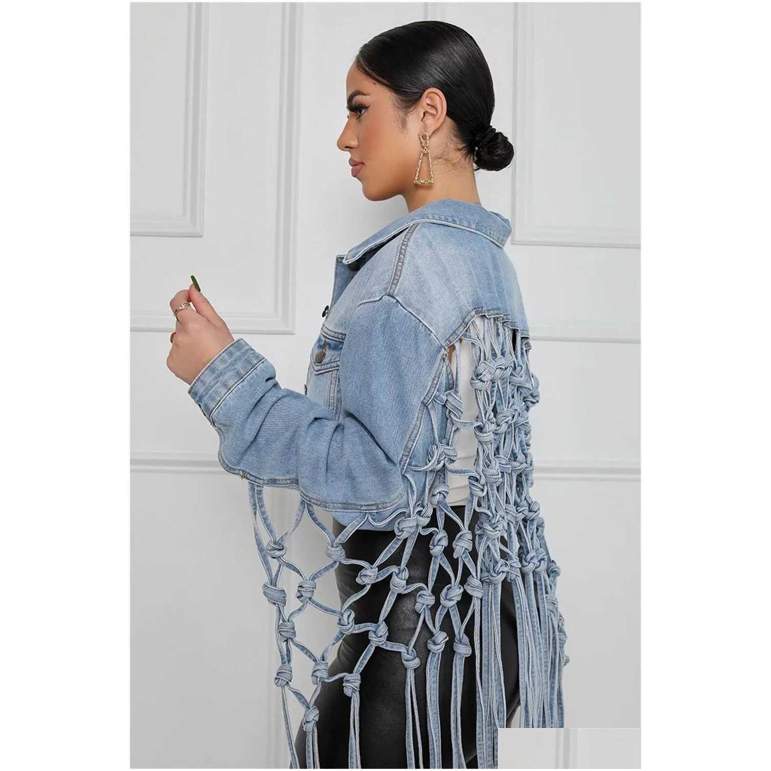 plus size 3xl designer women denim jackets fashion asymmetric tassels jeans jacket long sleeve personalized denim coat retro y2k streetwear wholesale