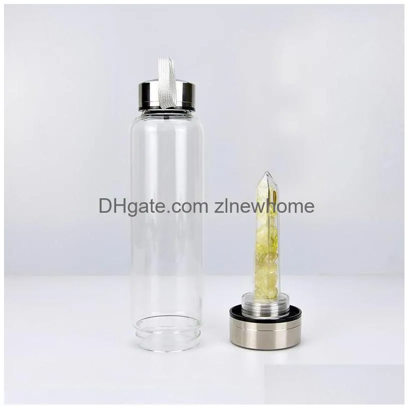 dhs natural crystal water bottle point healing obelisk wand elixir quartz crystal glass water bottle wooden cup cove drop