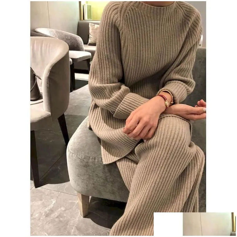 womens two piece pants plus size set women clothing 2021 autumn clothes high fashion suit fat sister sweater wide leg