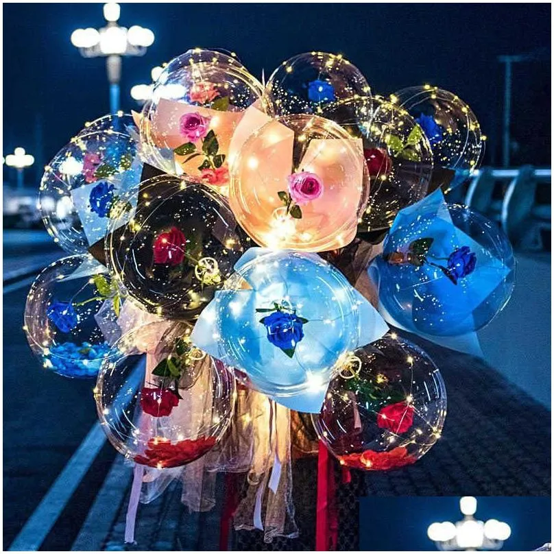 led luminous balloon rose bouquet transparent bobo ballon valentines day gift glow party birthday wedding decor balloon y0622