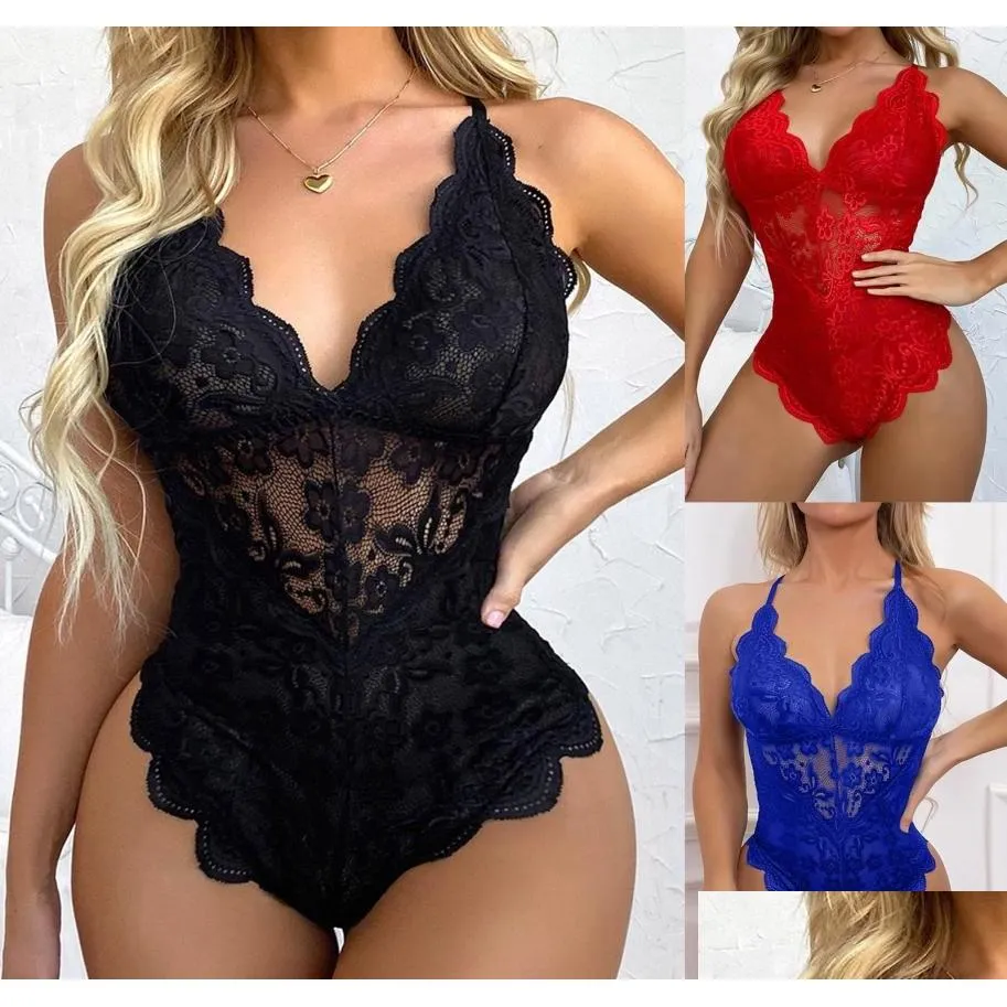 2022 sexy set bodysuit lace womens bodysuit sexy lingerie deep v neck jumpsuit pajamas hollow seethrough teddy bodysuit