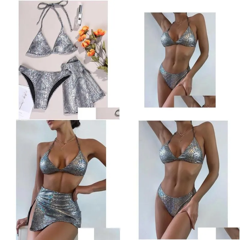 womens swimwear leather snakeprint halterneck split bikini swimsuit coverup threepiece set designer bathing suit summer surf