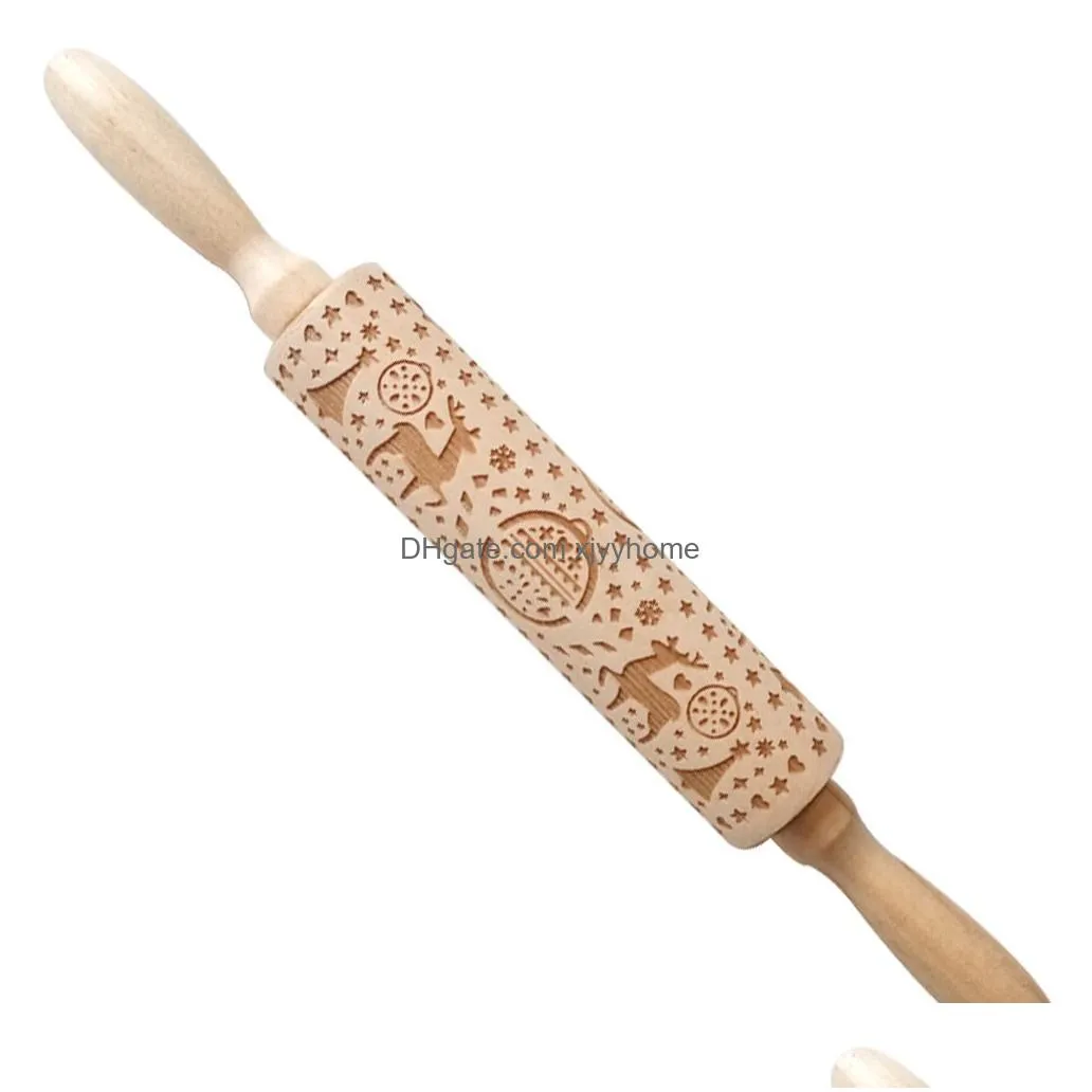 embossing rolling pin merry christmas decorations  biscuit fondant cake dough engraved roller elk wooden baking moulds gga3680