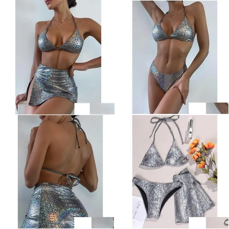 womens swimwear leather snakeprint halterneck split bikini swimsuit coverup threepiece set designer bathing suit summer surf