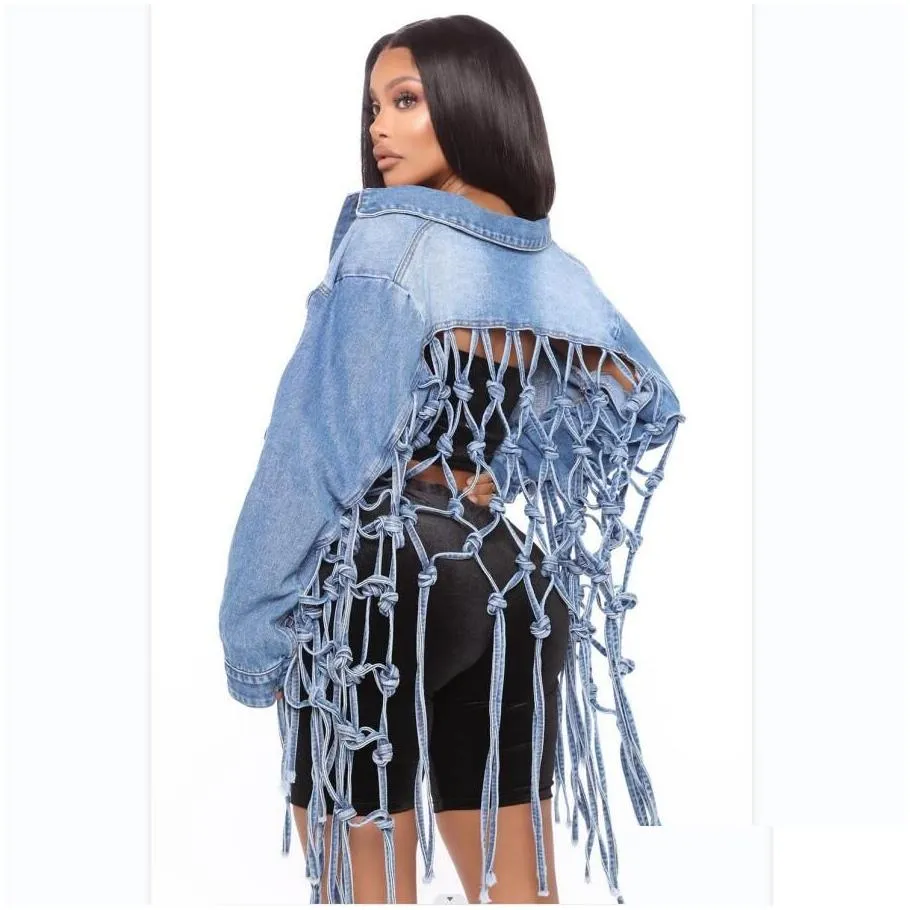 plus size 3xl designer women denim jackets fashion asymmetric tassels jeans jacket long sleeve personalized denim coat retro y2k streetwear wholesale