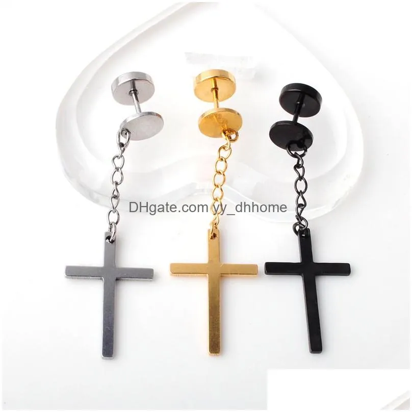 mens stainless steel charm cross dangle earrings hip hop punk style with barbell studs