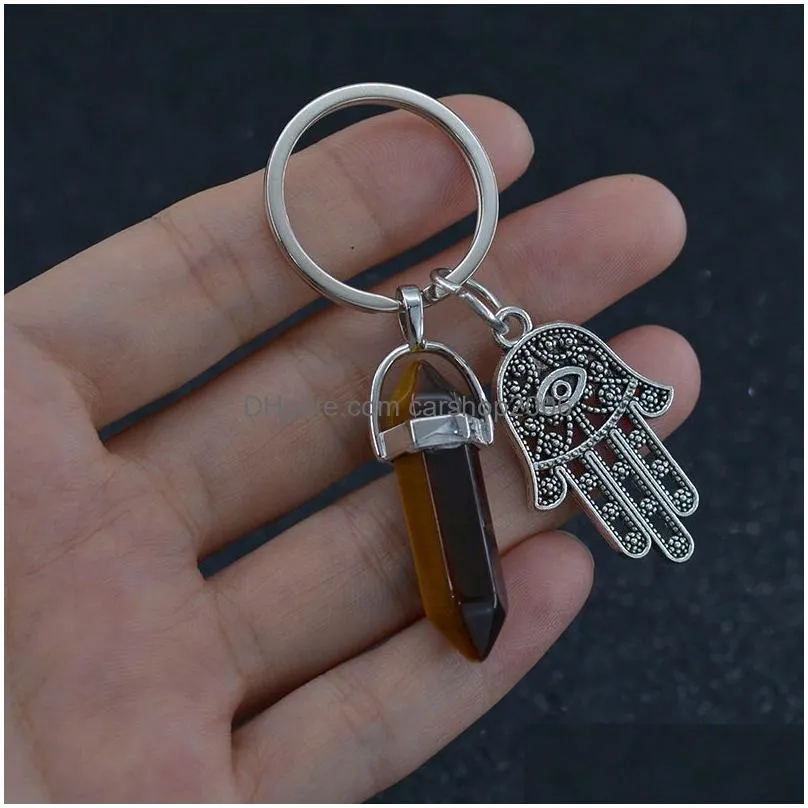 hexagonal crystal column natural stone keychain fatima palm charm amethyst rose quartz tiger eye lapis green aventurine key rings bag hangs